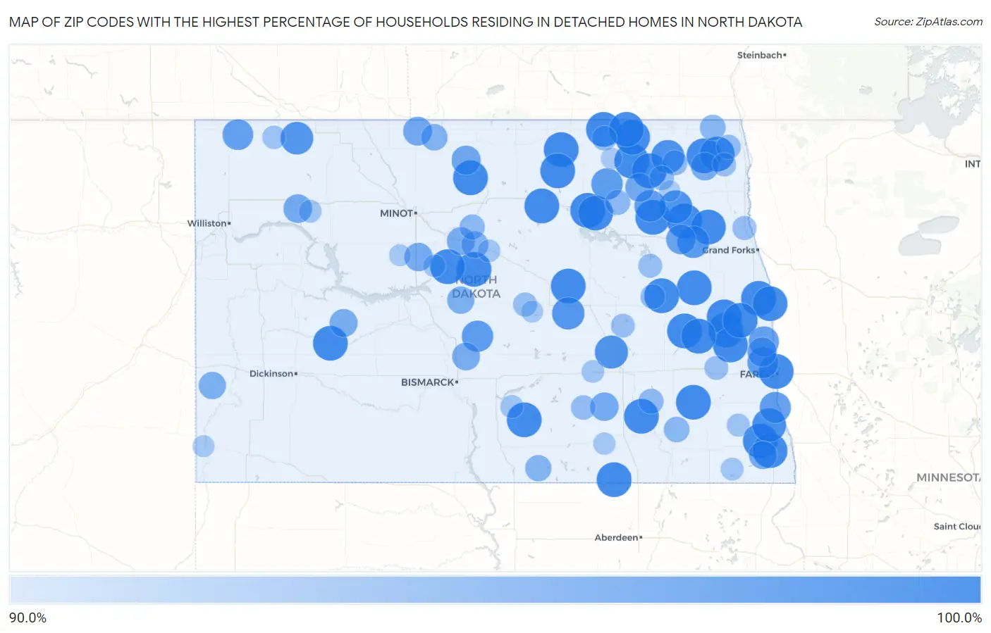 Zip Codes with the Highest Percentage of Households Residing in Detached Homes in North Dakota Map