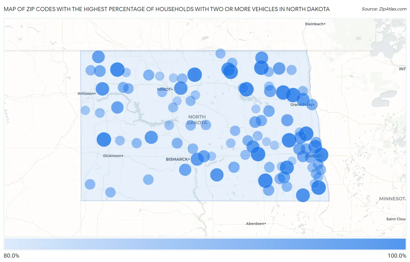 Zip Codes with the Highest Percentage of Households With Two or more Vehicles in North Dakota Map