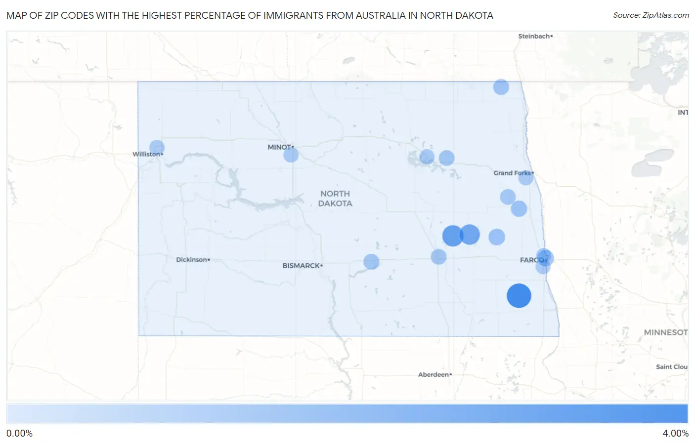 Zip Codes with the Highest Percentage of Immigrants from Australia in North Dakota Map