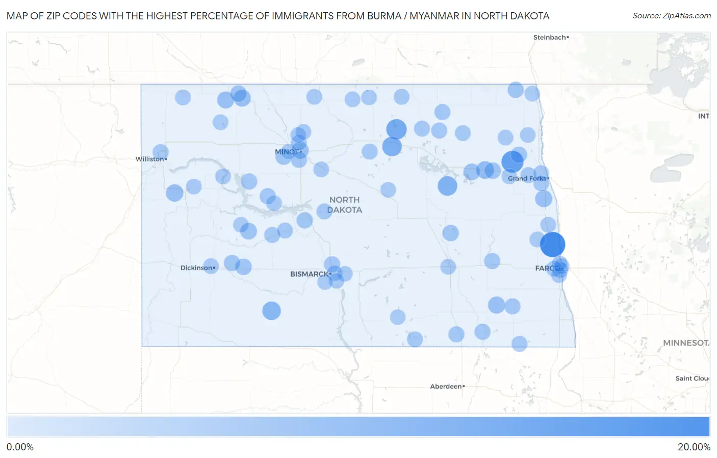Zip Codes with the Highest Percentage of Immigrants from Burma / Myanmar in North Dakota Map