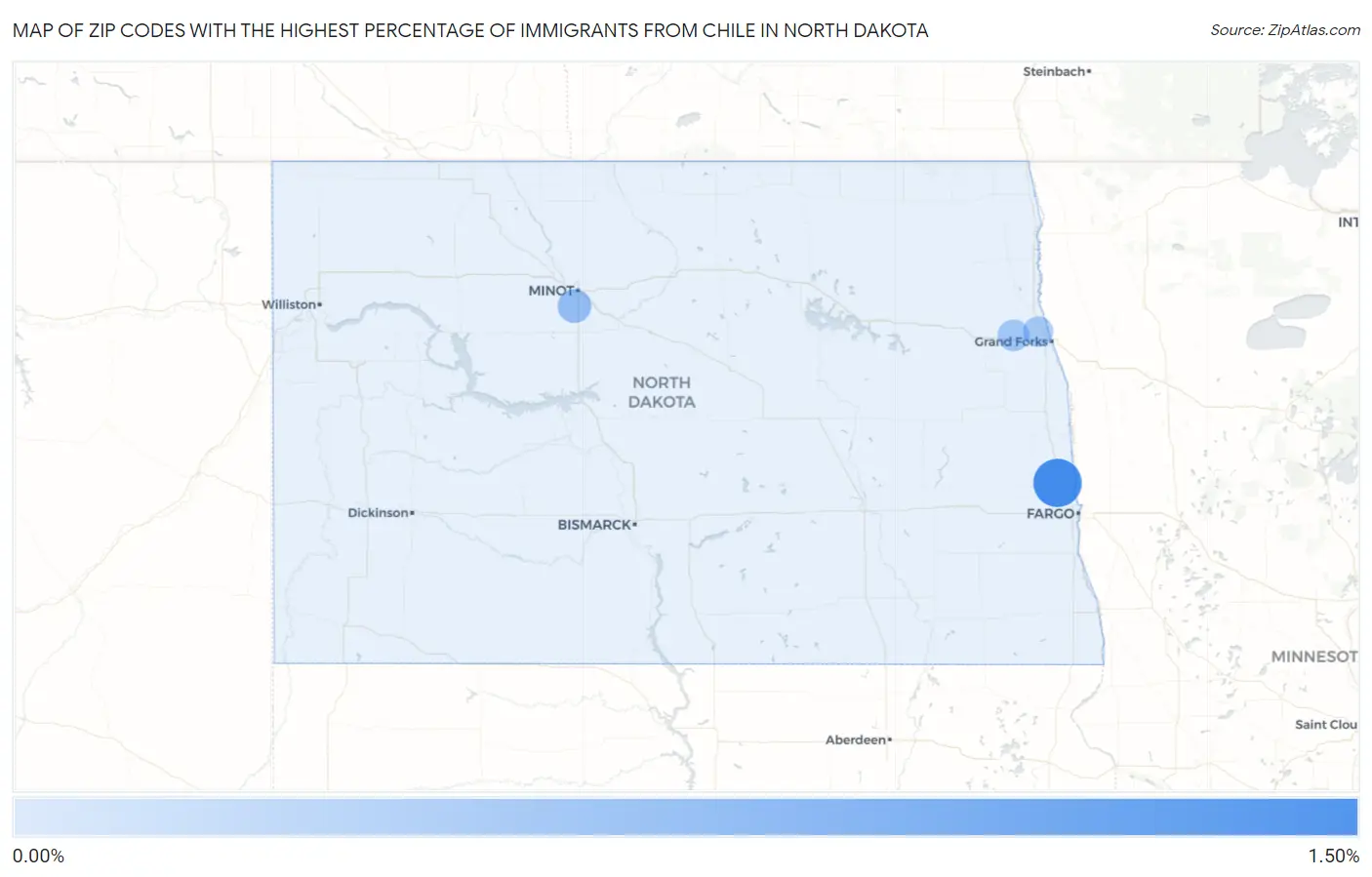 Zip Codes with the Highest Percentage of Immigrants from Chile in North Dakota Map