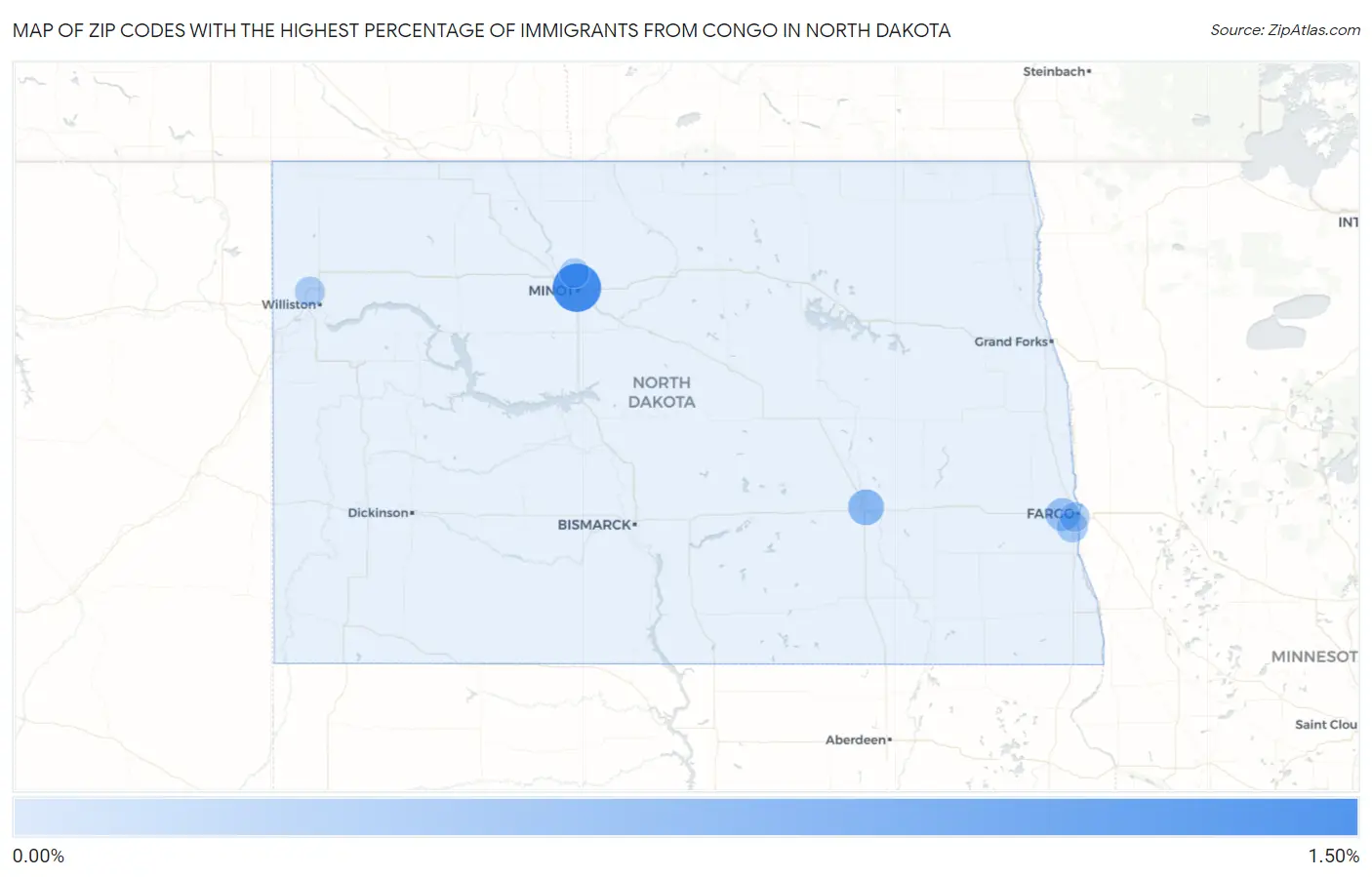 Zip Codes with the Highest Percentage of Immigrants from Congo in North Dakota Map
