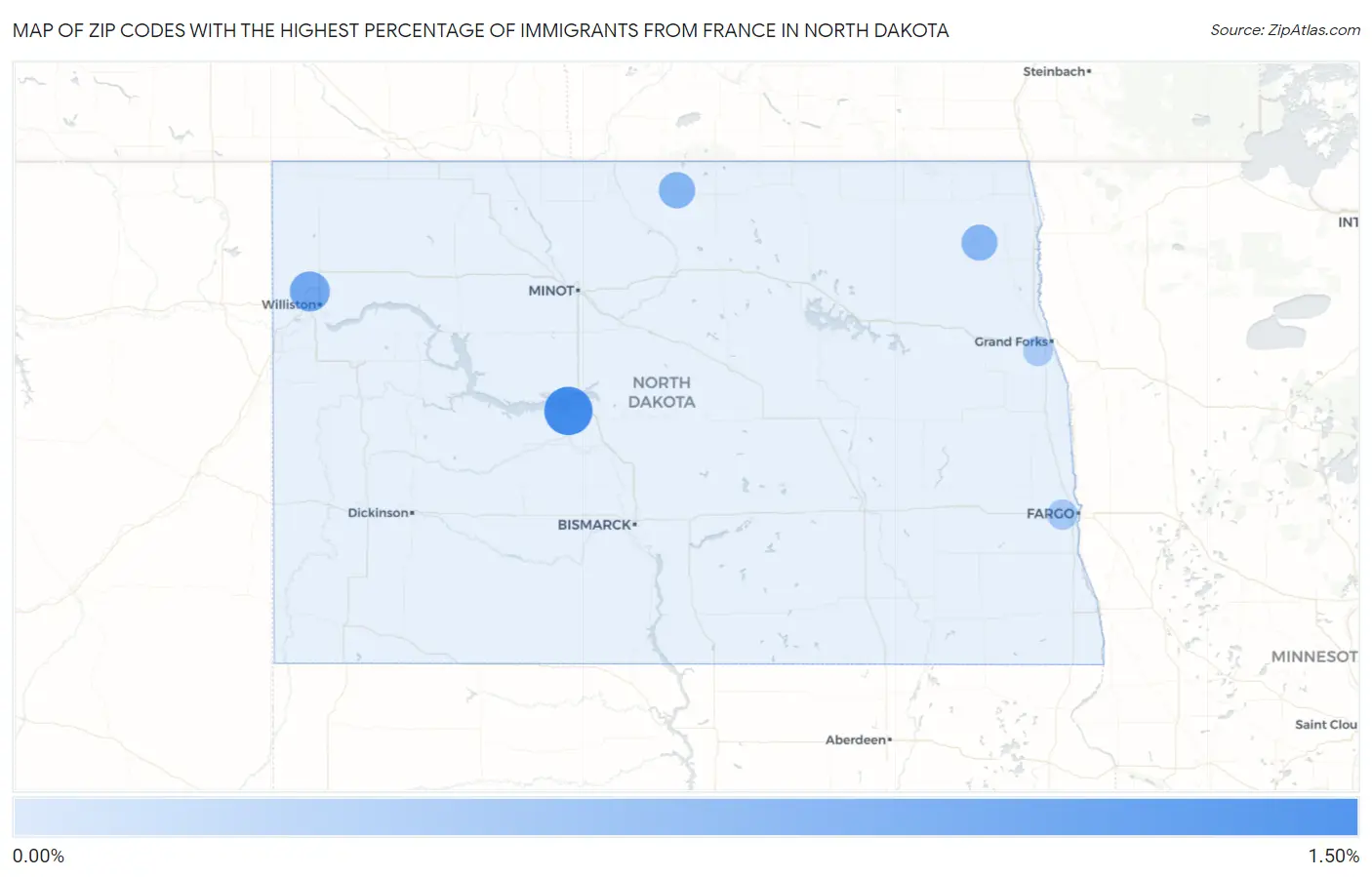 Zip Codes with the Highest Percentage of Immigrants from France in North Dakota Map