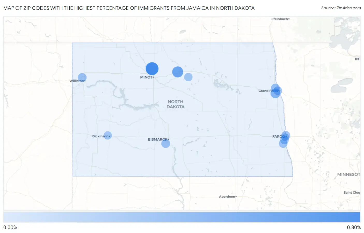 Zip Codes with the Highest Percentage of Immigrants from Jamaica in North Dakota Map