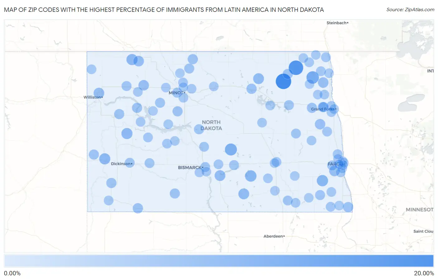 Zip Codes with the Highest Percentage of Immigrants from Latin America in North Dakota Map