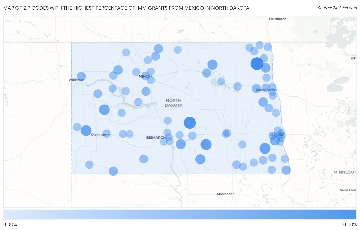 Zip Codes with the Highest Percentage of Immigrants from Mexico in North Dakota Map