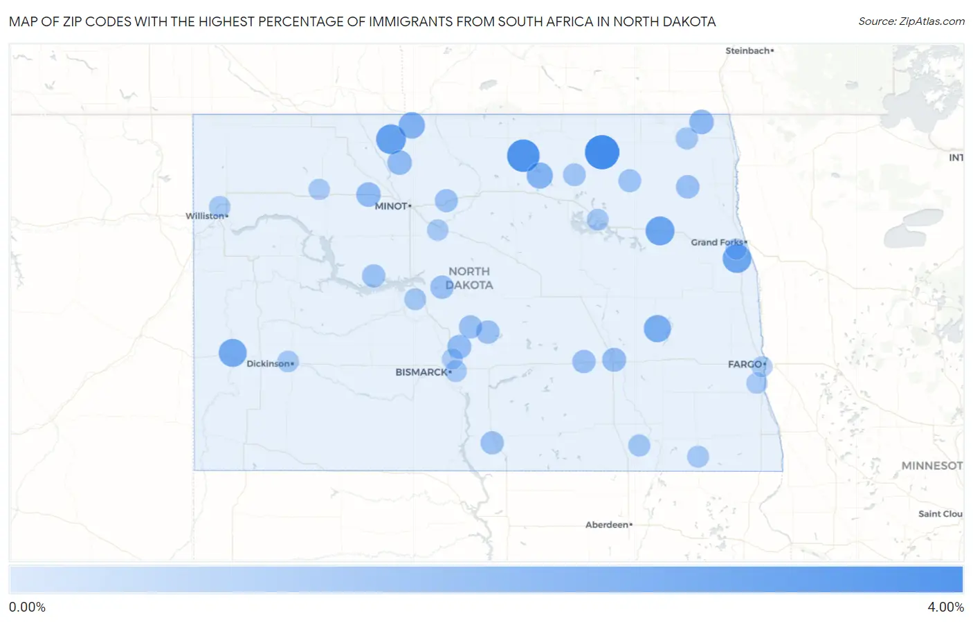 Zip Codes with the Highest Percentage of Immigrants from South Africa in North Dakota Map