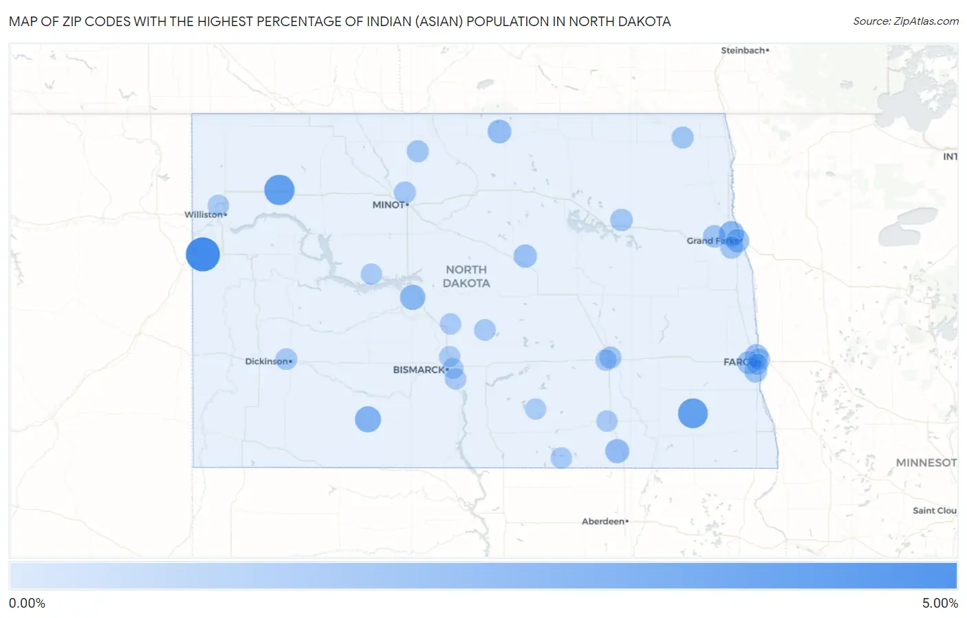 Zip Codes with the Highest Percentage of Indian (Asian) Population in North Dakota Map