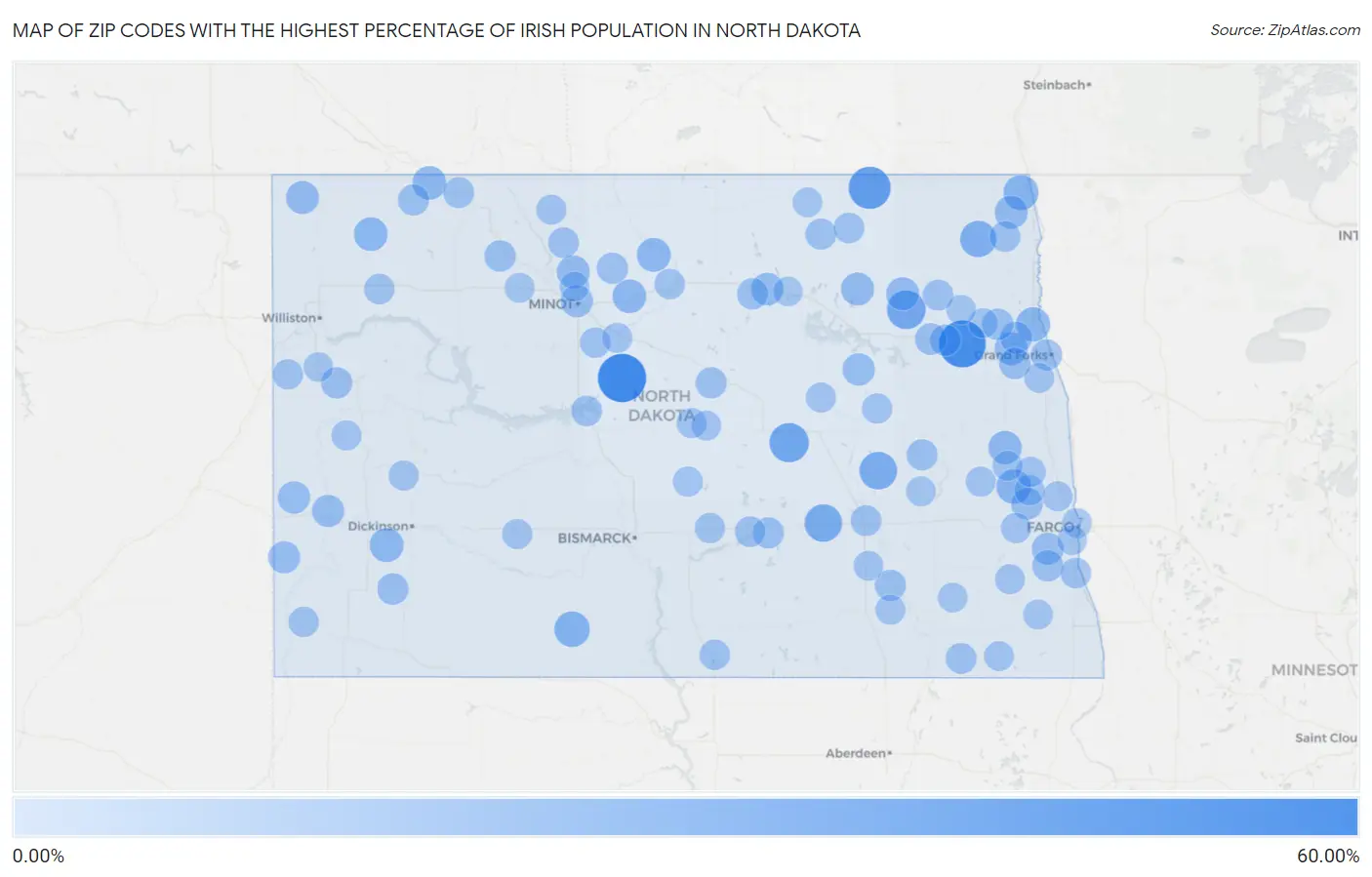 Zip Codes with the Highest Percentage of Irish Population in North Dakota Map