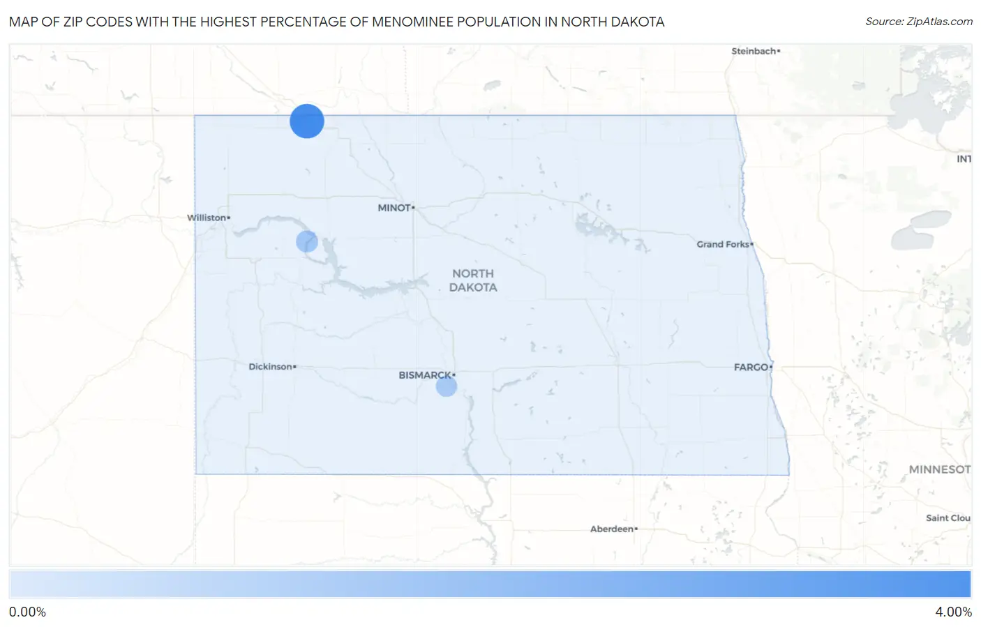 Zip Codes with the Highest Percentage of Menominee Population in North Dakota Map