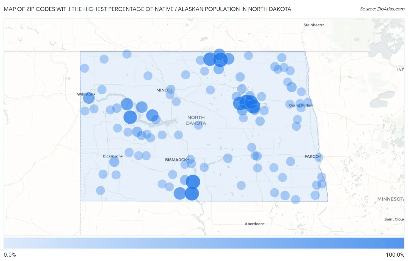 Zip Codes with the Highest Percentage of Native / Alaskan Population in North Dakota Map
