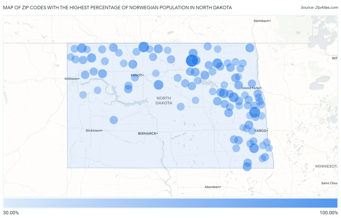 Zip Codes with the Highest Percentage of Norwegian Population in North Dakota Map