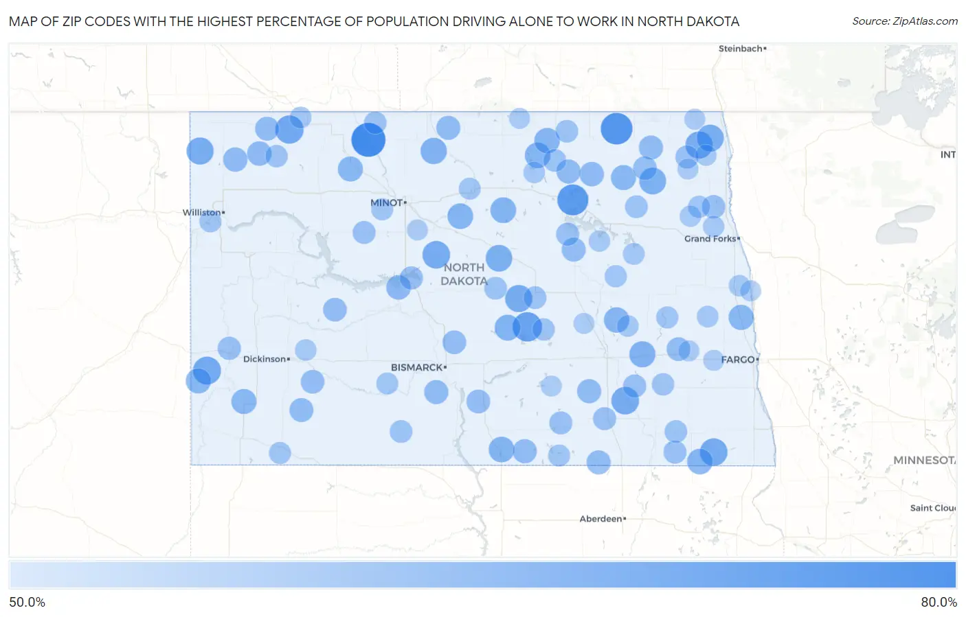 Zip Codes with the Highest Percentage of Population Driving Alone to Work in North Dakota Map