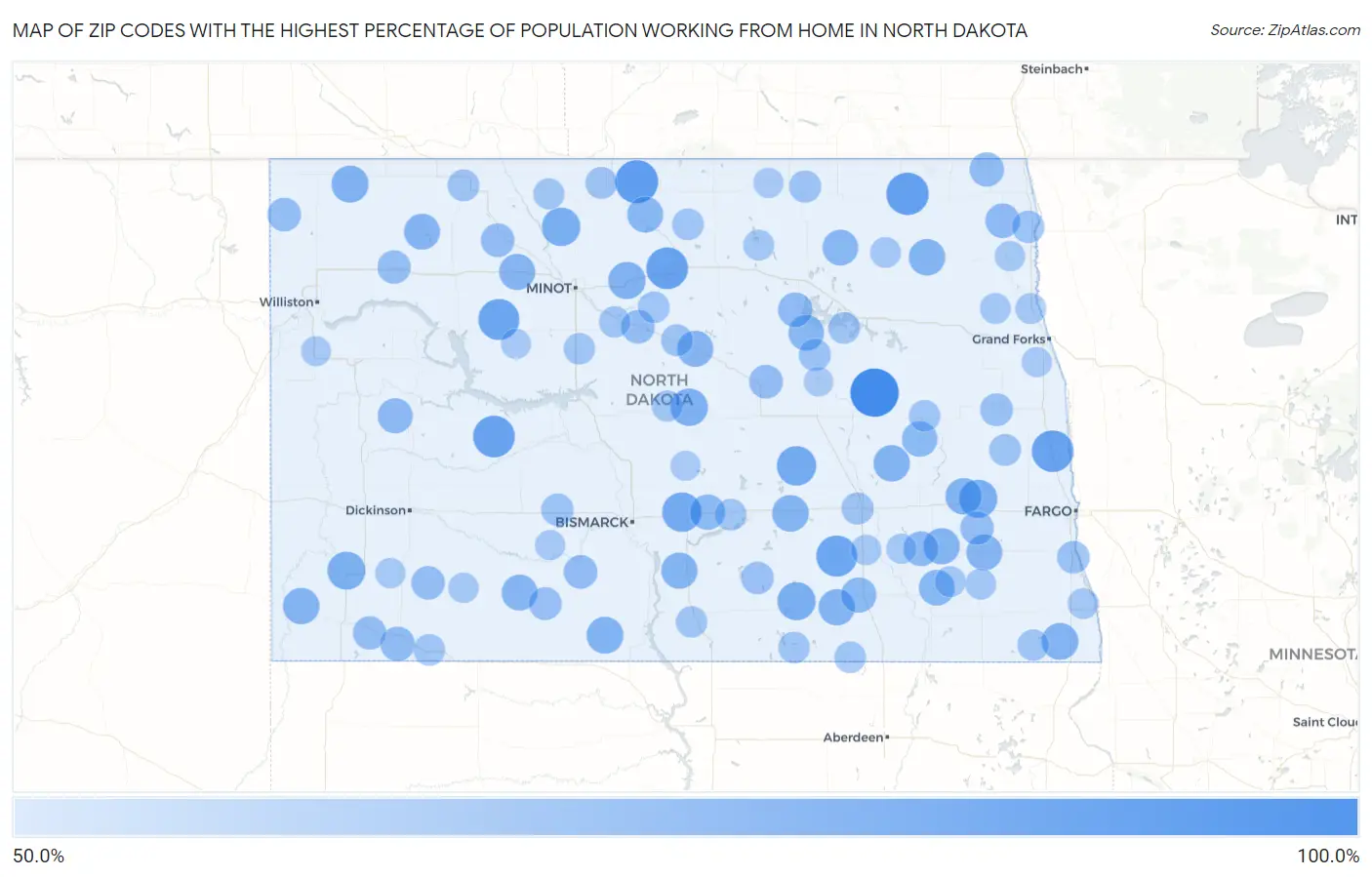 Zip Codes with the Highest Percentage of Population Working from Home in North Dakota Map