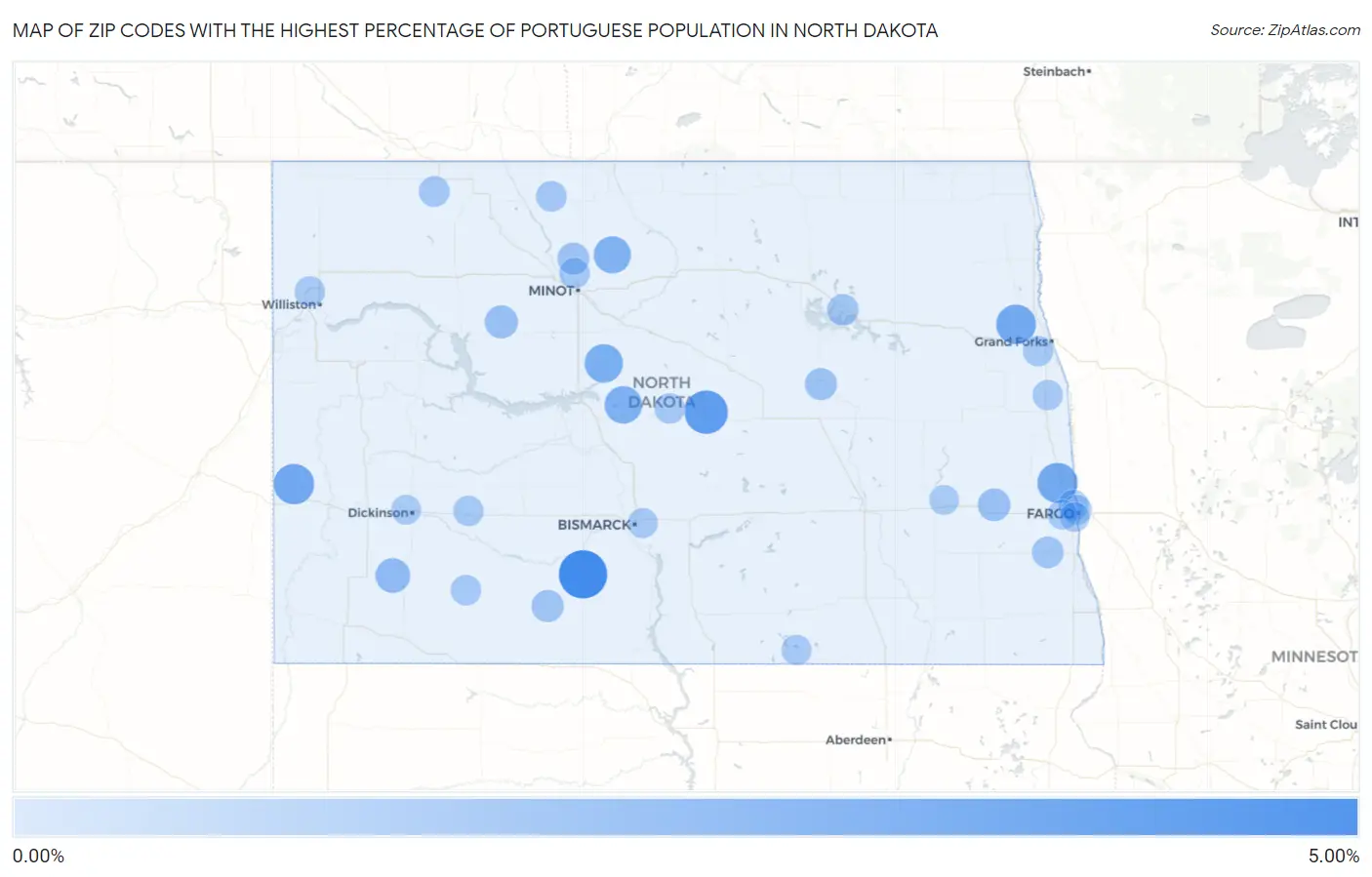 Zip Codes with the Highest Percentage of Portuguese Population in North Dakota Map