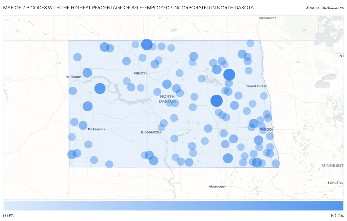 Zip Codes with the Highest Percentage of Self-Employed / Incorporated in North Dakota Map