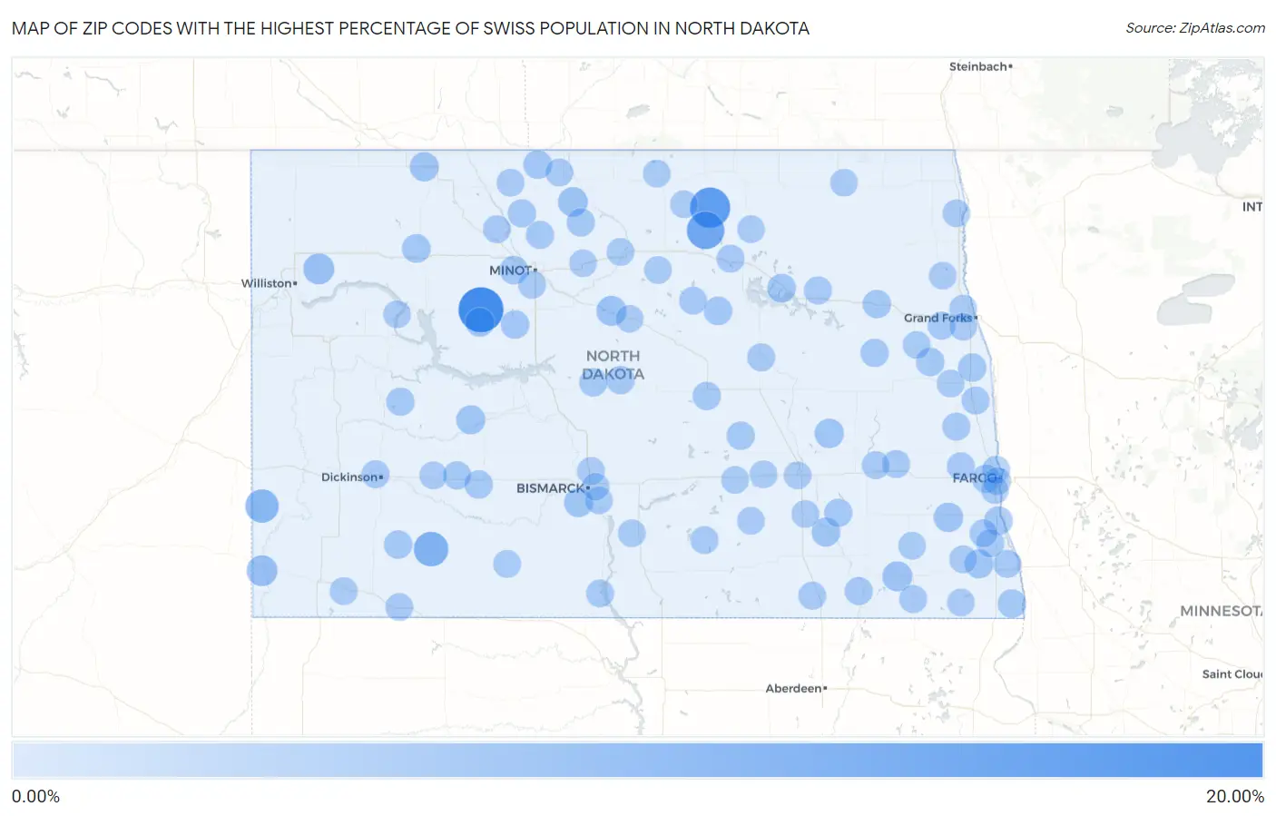 Zip Codes with the Highest Percentage of Swiss Population in North Dakota Map
