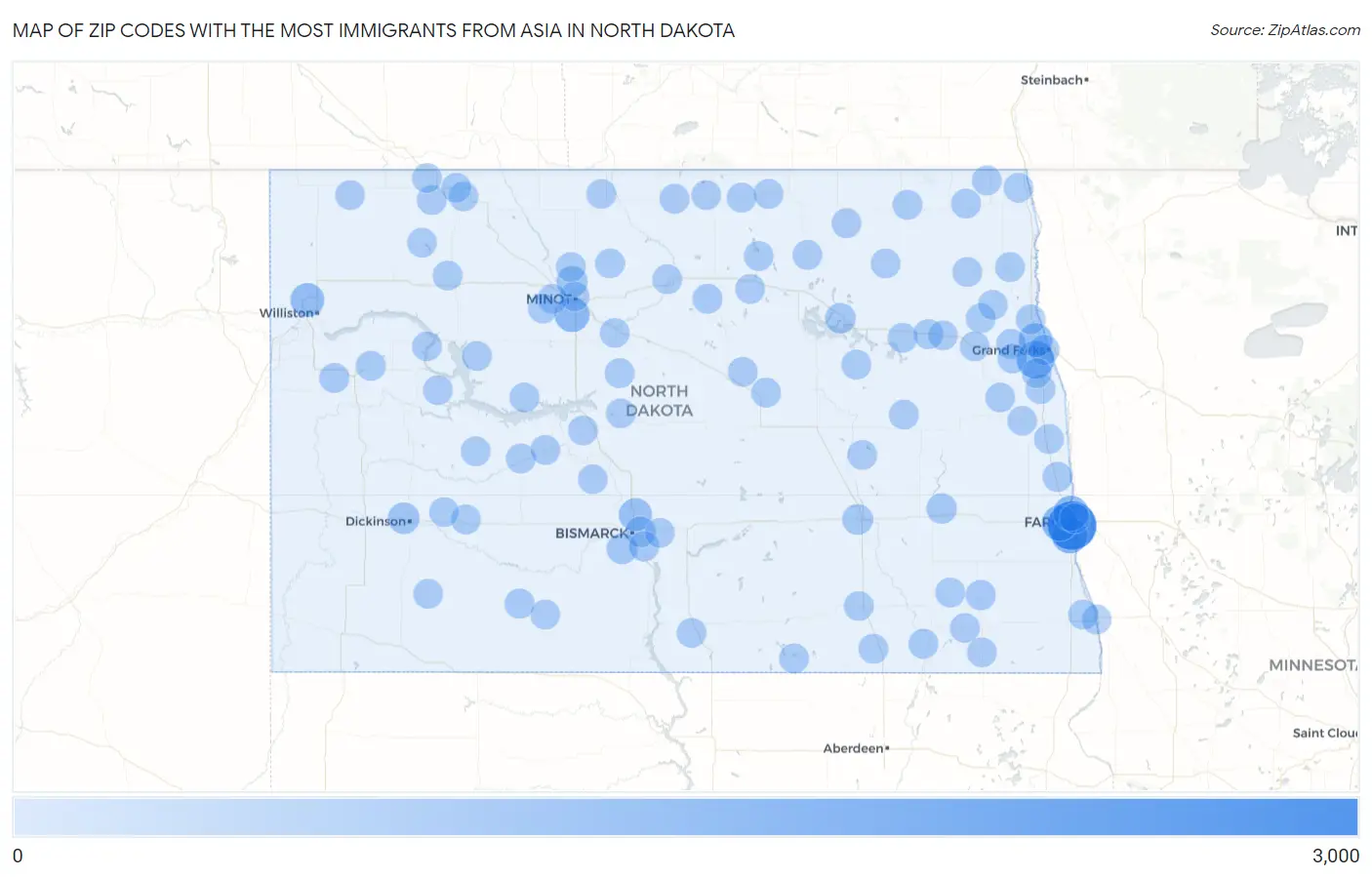 Zip Codes with the Most Immigrants from Asia in North Dakota Map