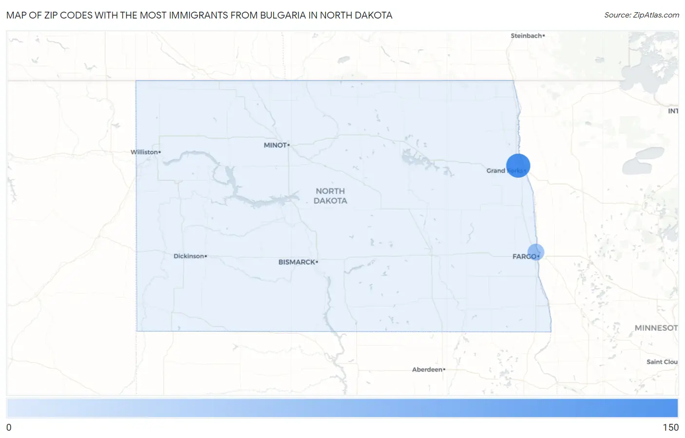 Zip Codes with the Most Immigrants from Bulgaria in North Dakota Map