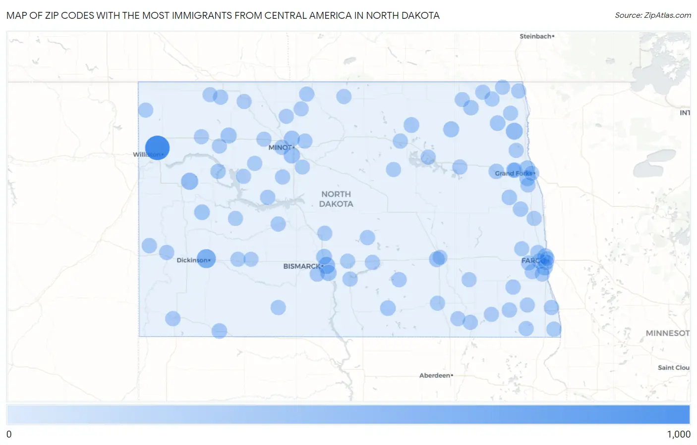 Zip Codes with the Most Immigrants from Central America in North Dakota Map