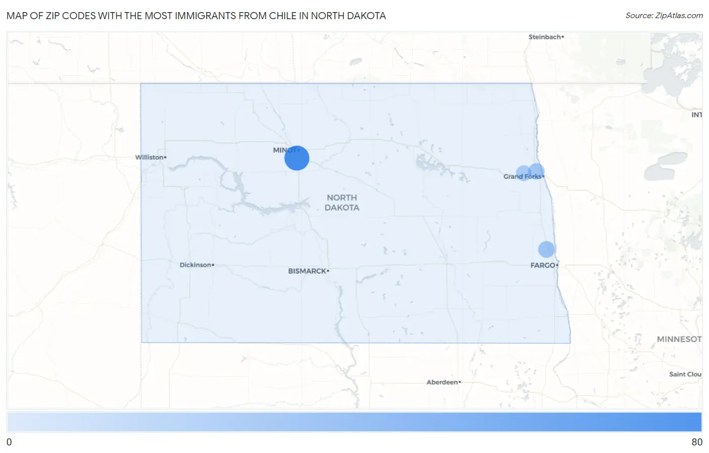 Zip Codes with the Most Immigrants from Chile in North Dakota Map