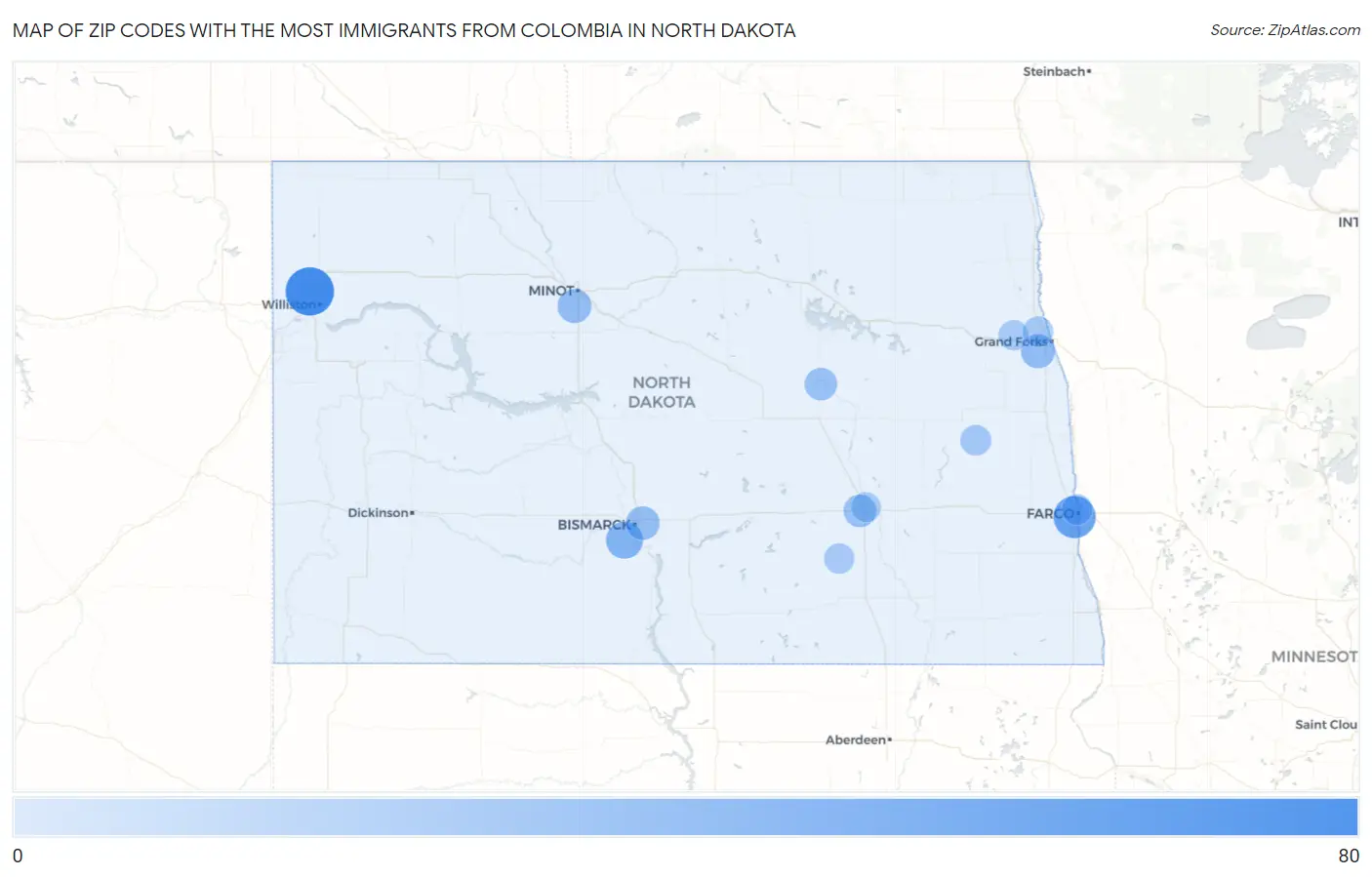 Zip Codes with the Most Immigrants from Colombia in North Dakota Map