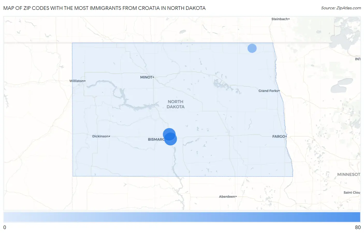 Zip Codes with the Most Immigrants from Croatia in North Dakota Map
