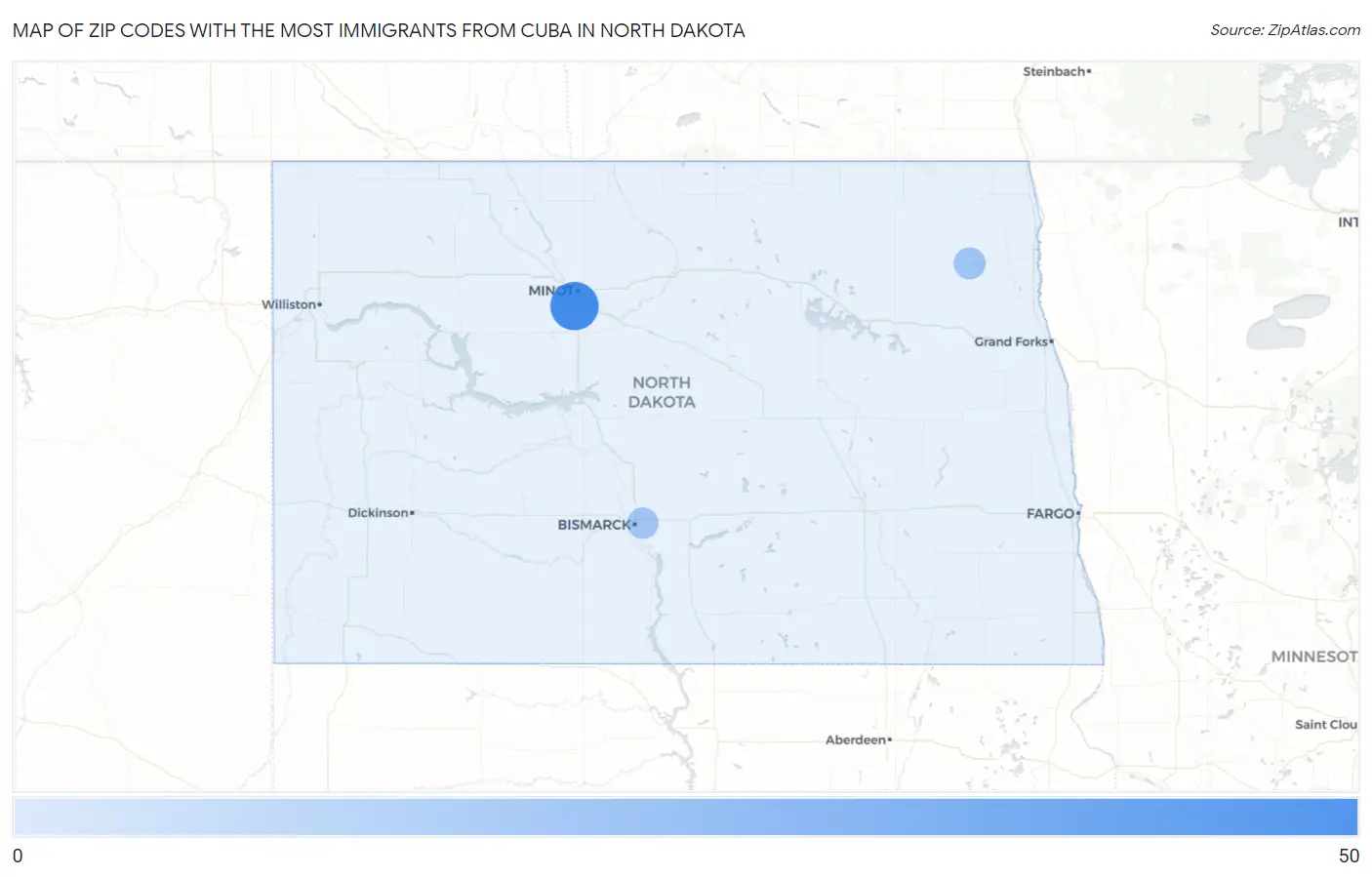 Zip Codes with the Most Immigrants from Cuba in North Dakota Map