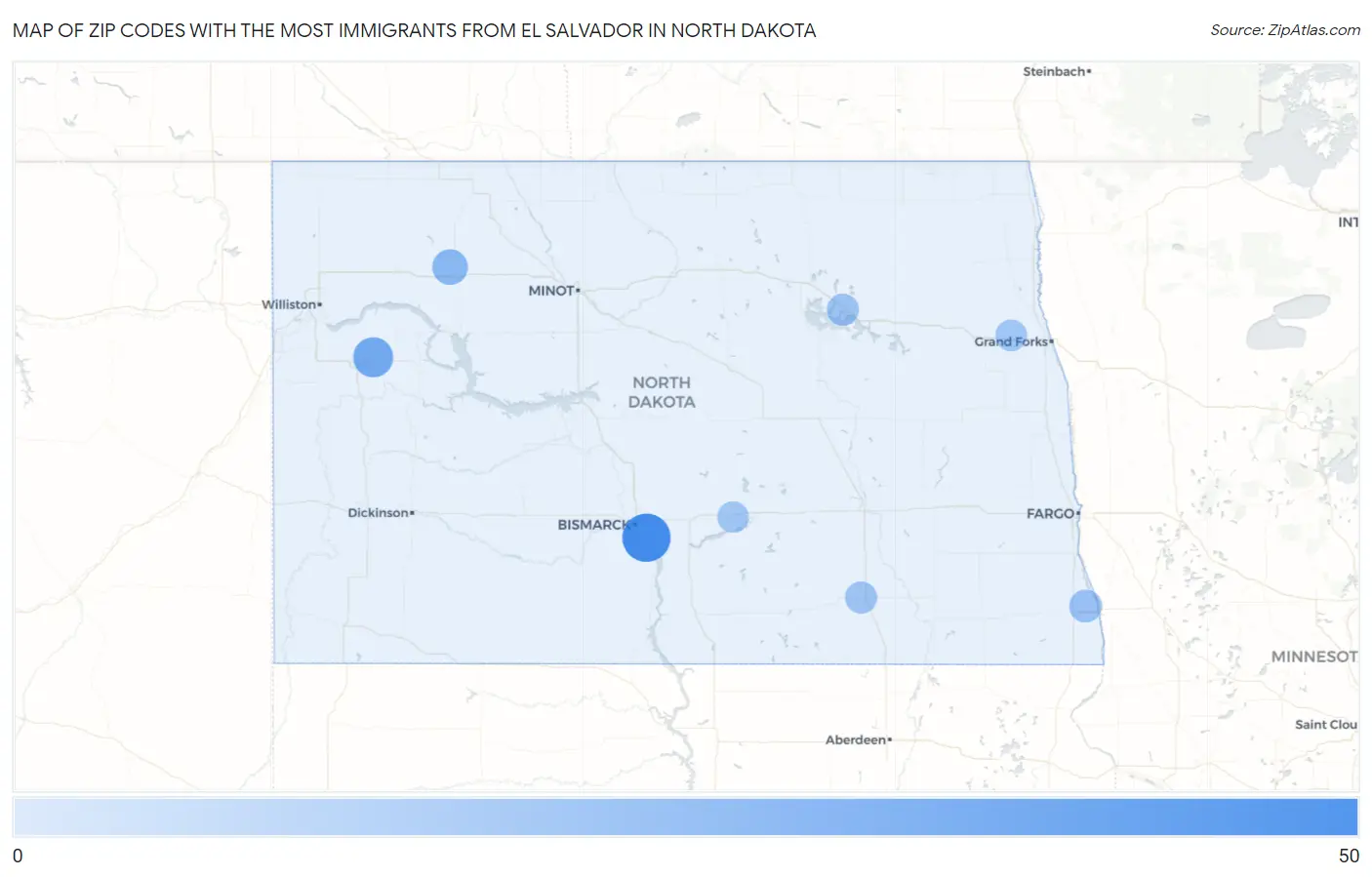 Zip Codes with the Most Immigrants from El Salvador in North Dakota Map