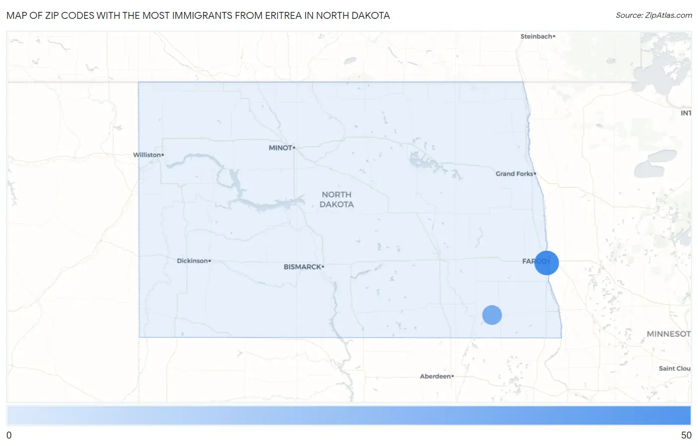 Zip Codes with the Most Immigrants from Eritrea in North Dakota Map