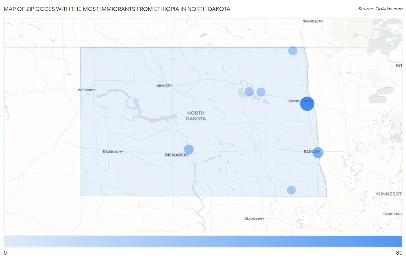 Zip Codes with the Most Immigrants from Ethiopia in North Dakota Map