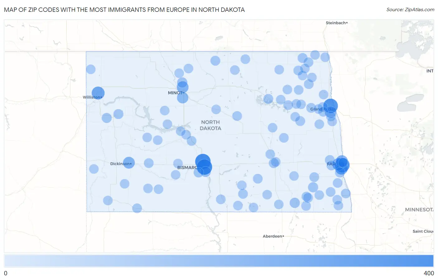 Zip Codes with the Most Immigrants from Europe in North Dakota Map
