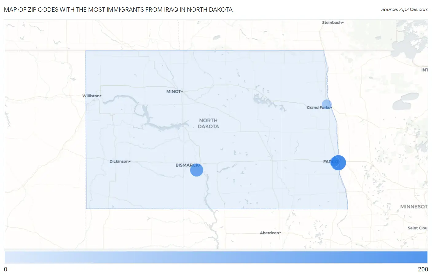 Zip Codes with the Most Immigrants from Iraq in North Dakota Map