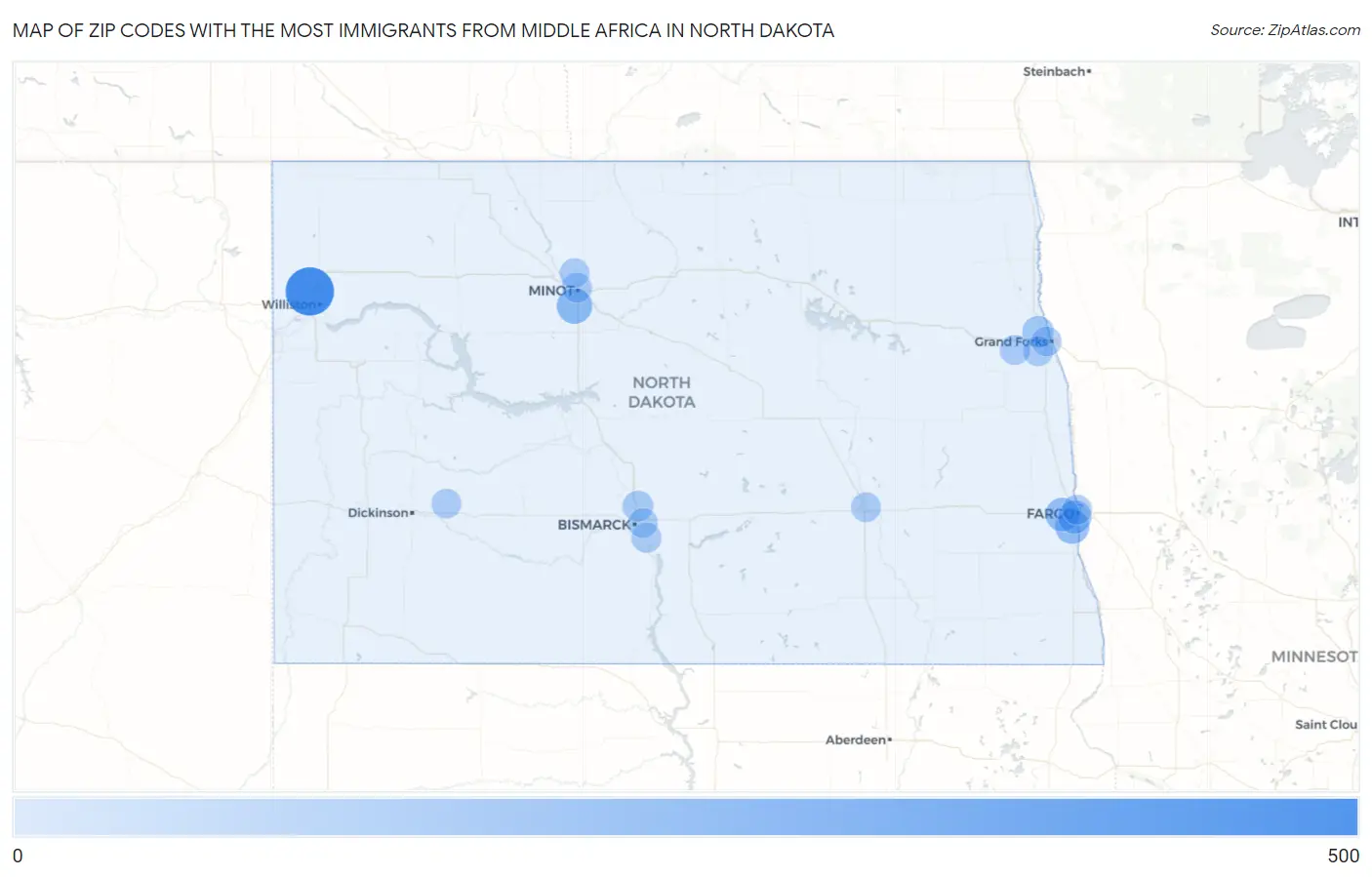 Zip Codes with the Most Immigrants from Middle Africa in North Dakota Map