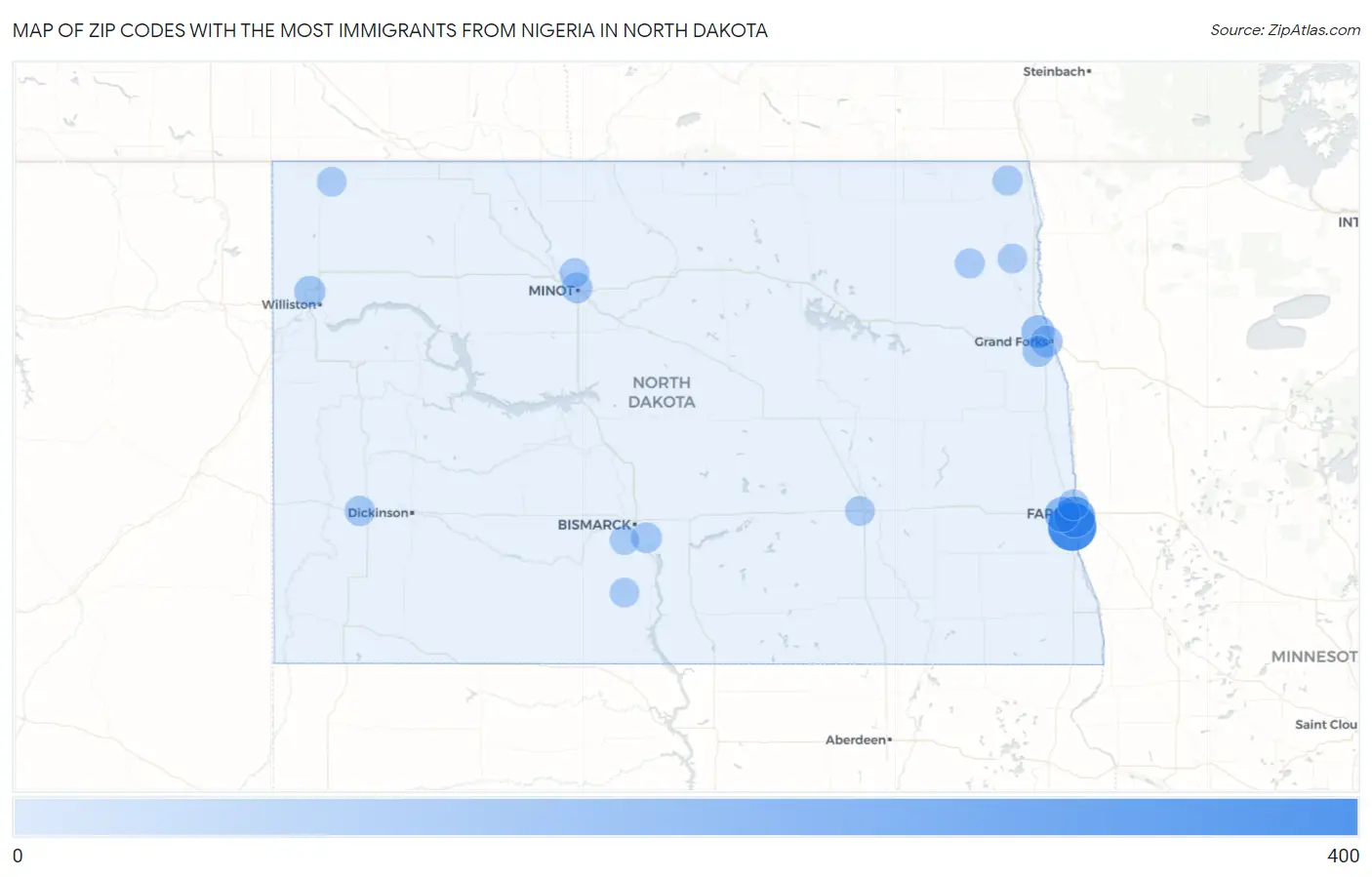 Zip Codes with the Most Immigrants from Nigeria in North Dakota Map
