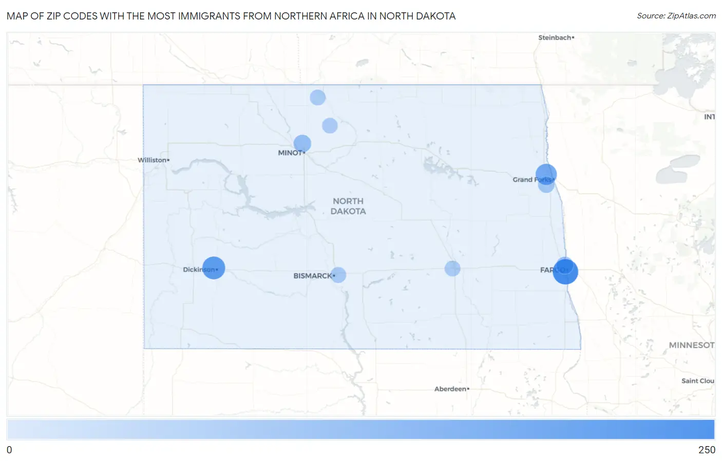 Zip Codes with the Most Immigrants from Northern Africa in North Dakota Map
