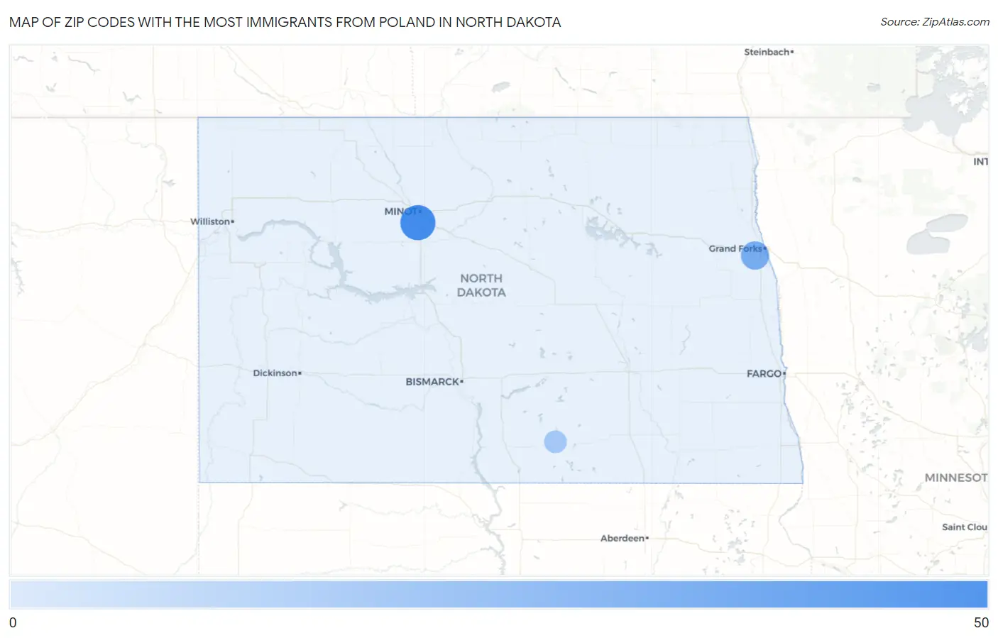 Zip Codes with the Most Immigrants from Poland in North Dakota Map