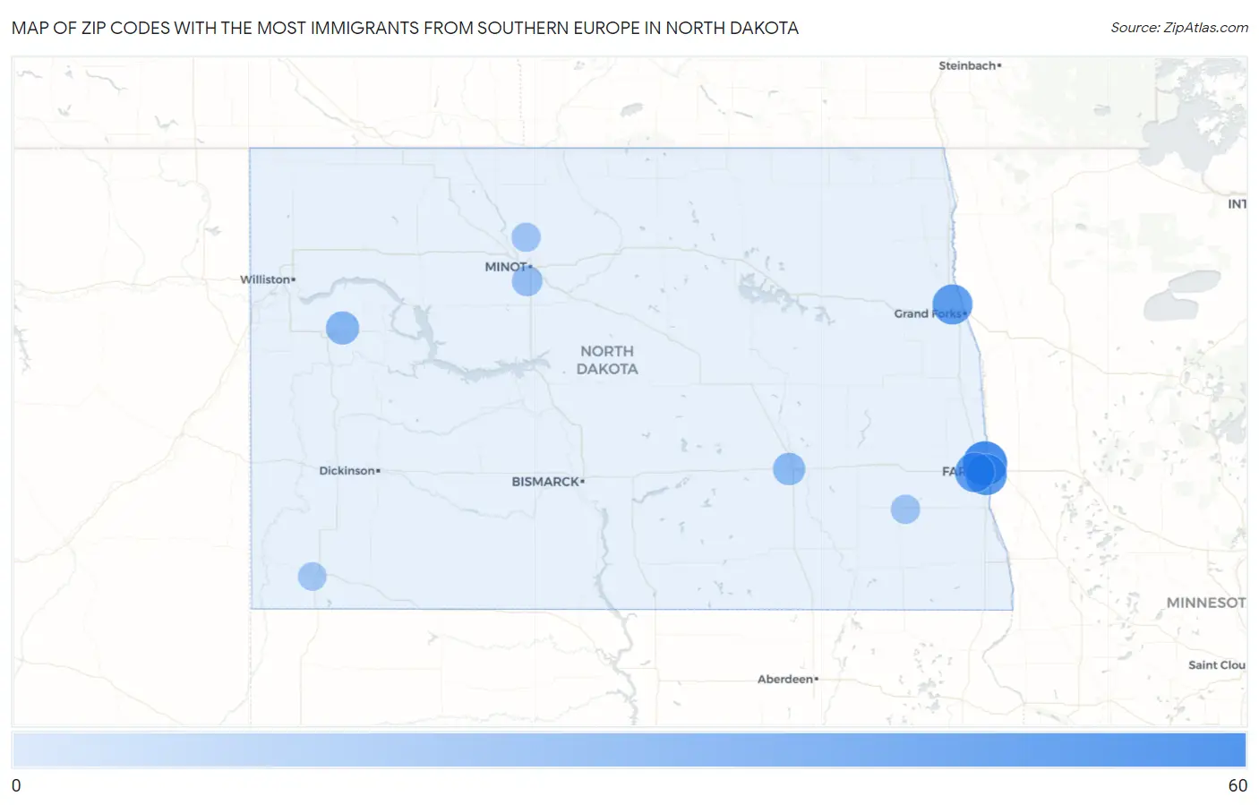 Zip Codes with the Most Immigrants from Southern Europe in North Dakota Map