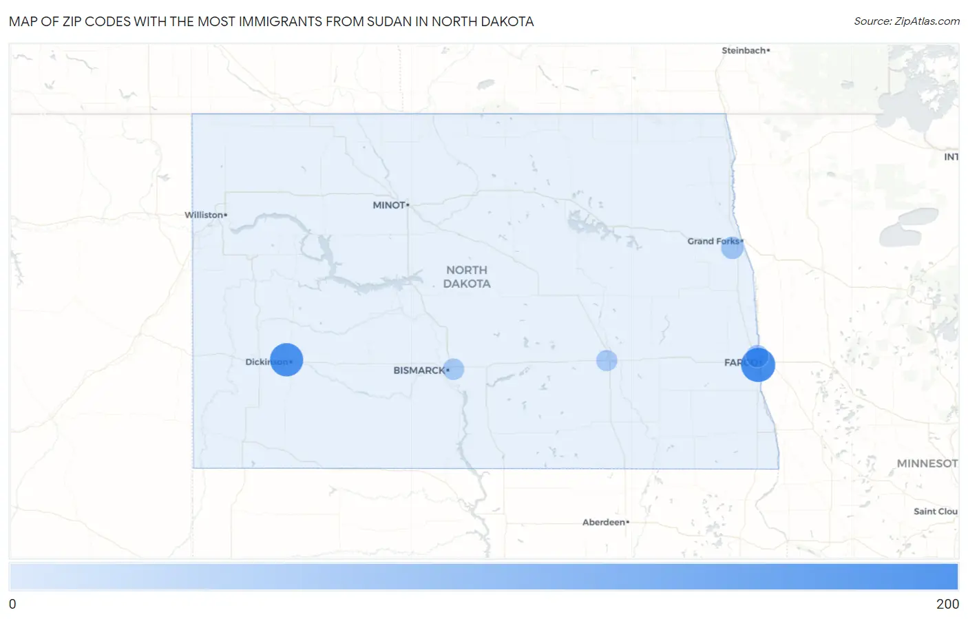 Zip Codes with the Most Immigrants from Sudan in North Dakota Map