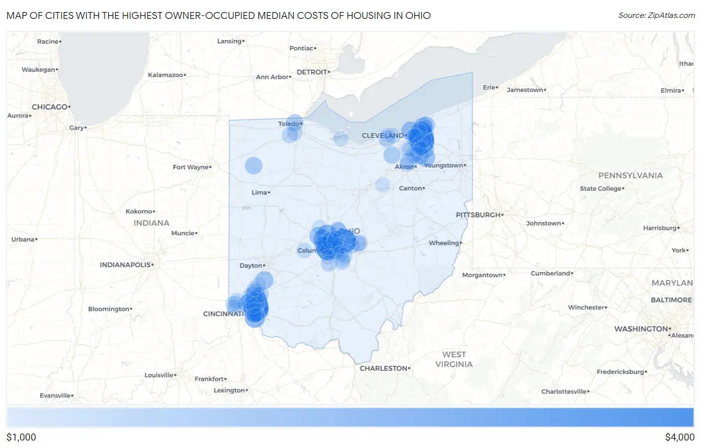 Cities with the Highest Owner-Occupied Median Costs of Housing in Ohio Map