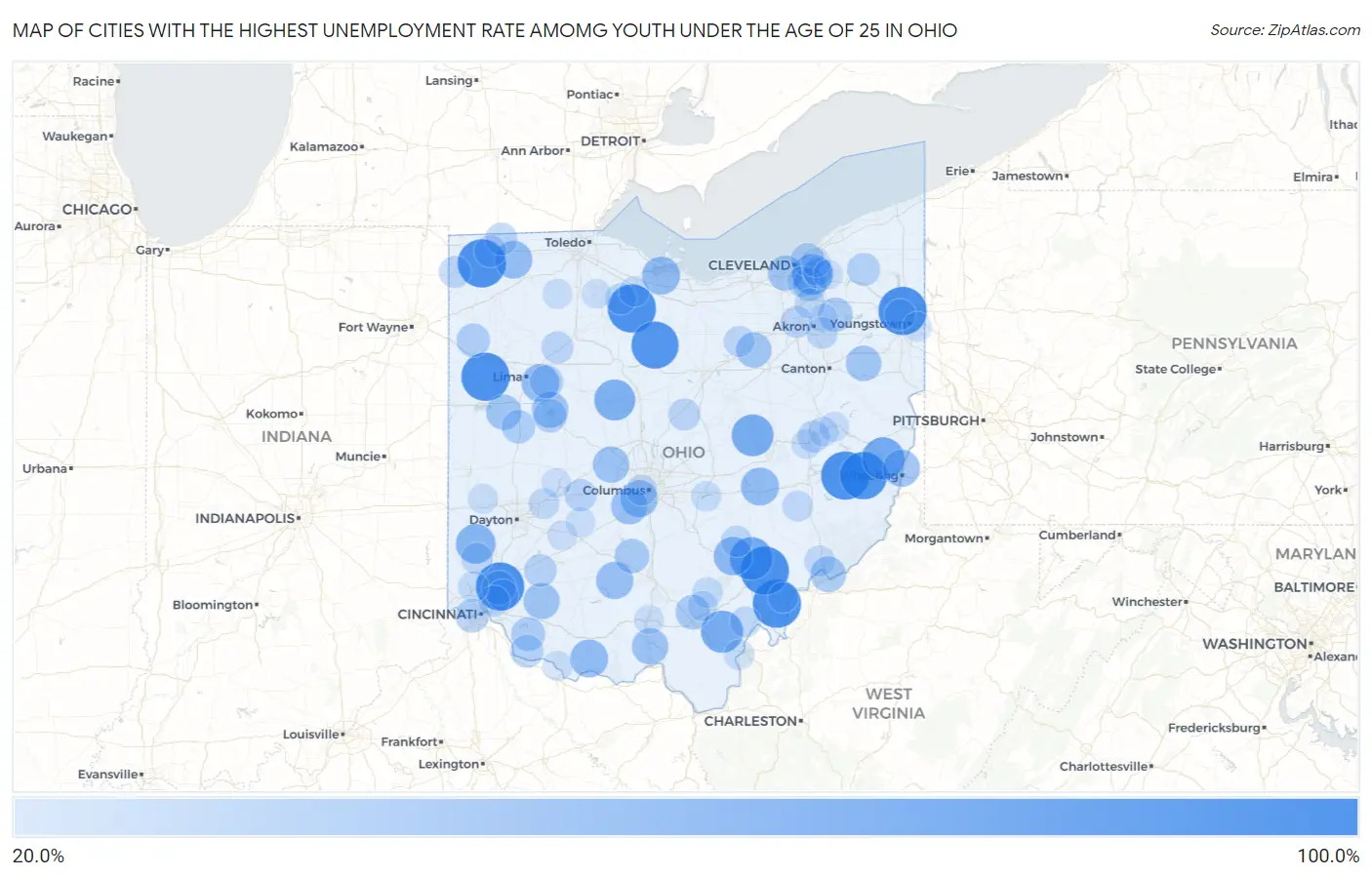 Cities with the Highest Unemployment Rate Amomg Youth Under the Age of 25 in Ohio Map