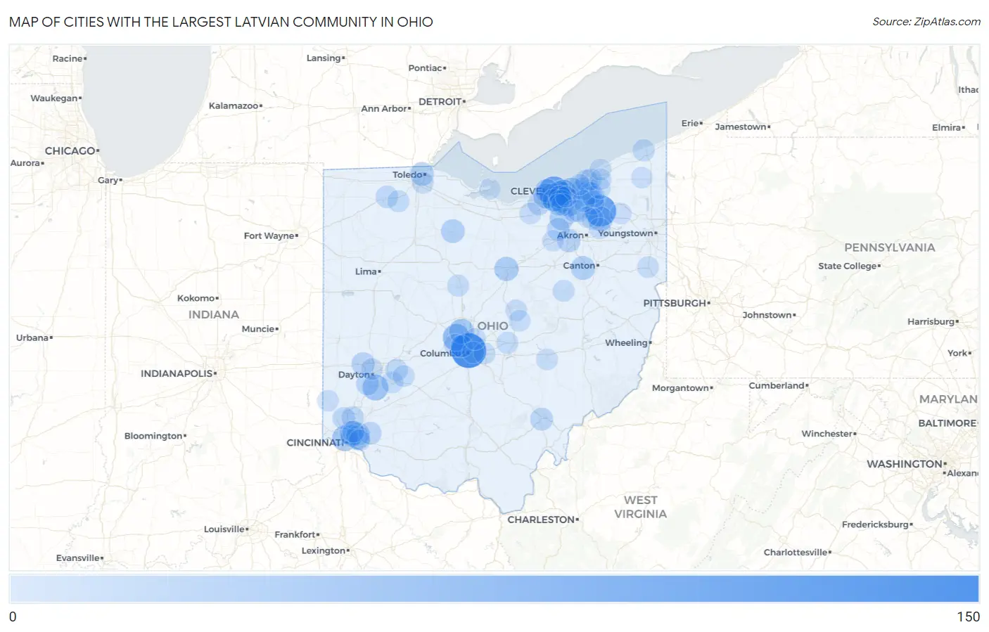 Cities with the Largest Latvian Community in Ohio Map