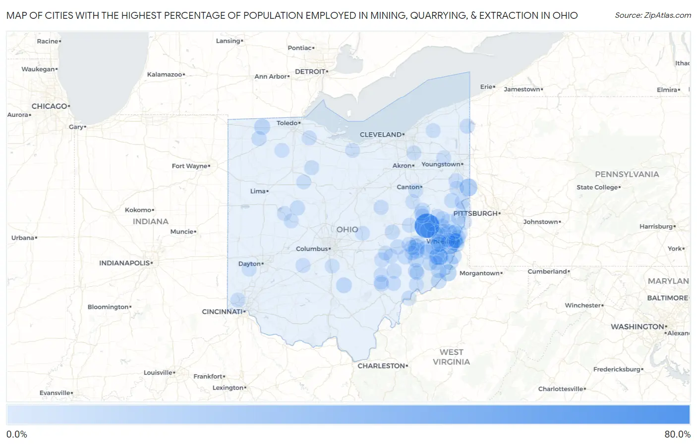 Cities with the Highest Percentage of Population Employed in Mining, Quarrying, & Extraction in Ohio Map