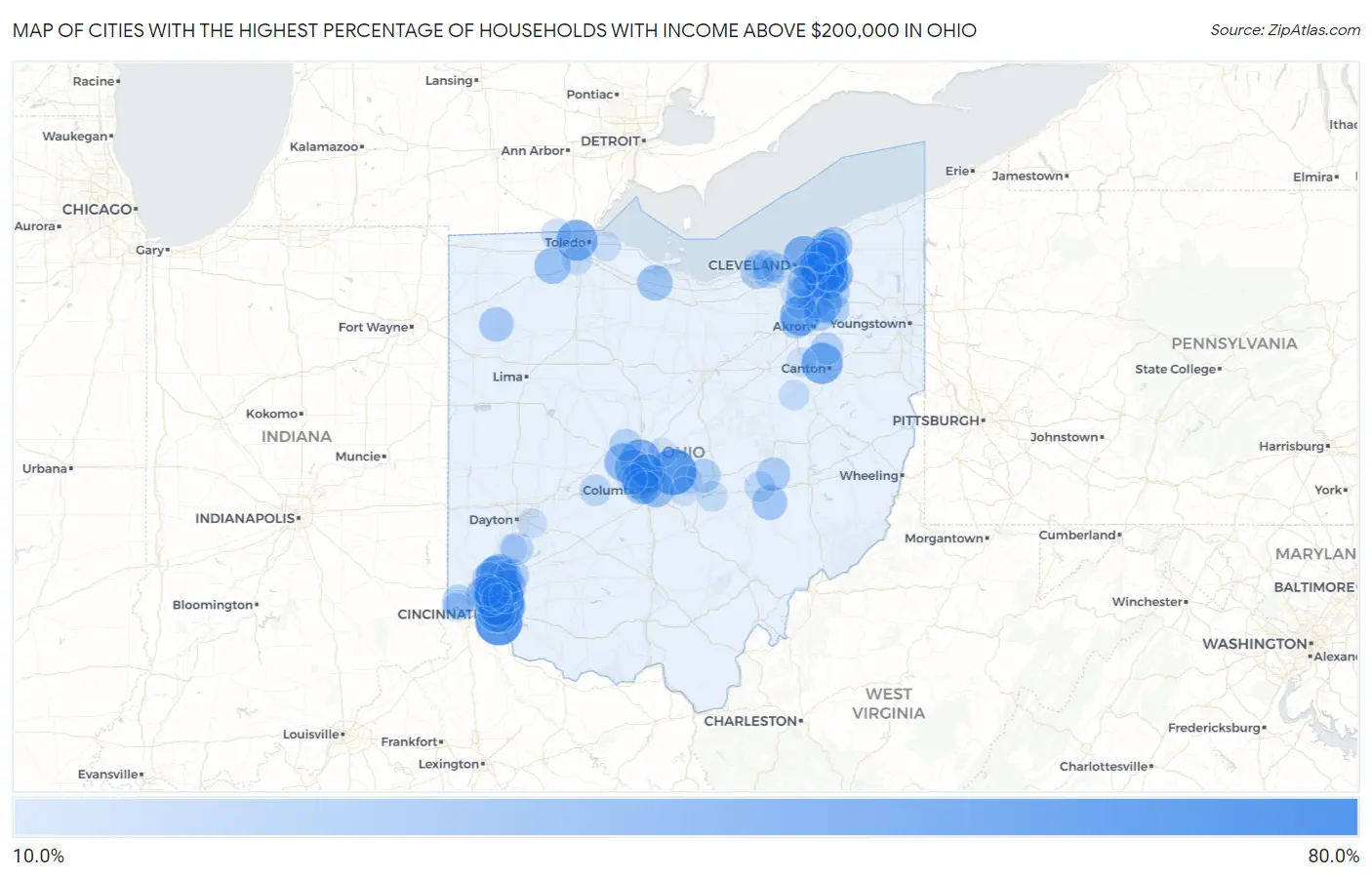 Cities with the Highest Percentage of Households with Income Above $200,000 in Ohio Map