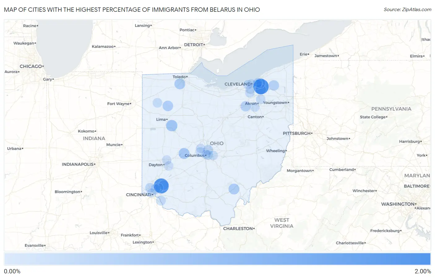 Cities with the Highest Percentage of Immigrants from Belarus in Ohio Map