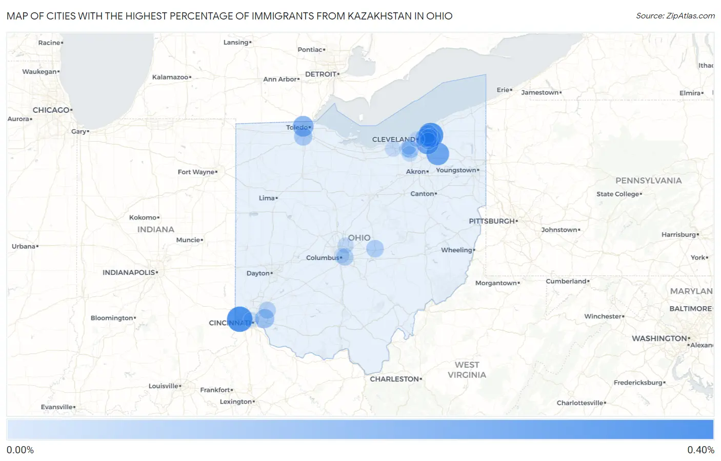 Cities with the Highest Percentage of Immigrants from Kazakhstan in Ohio Map