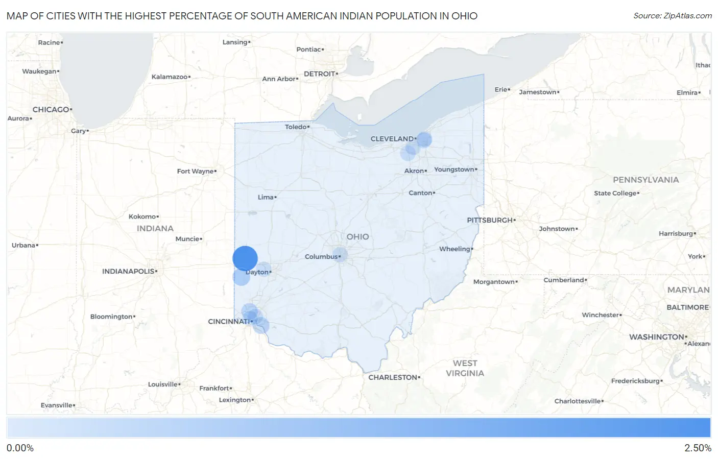 Cities with the Highest Percentage of South American Indian Population in Ohio Map