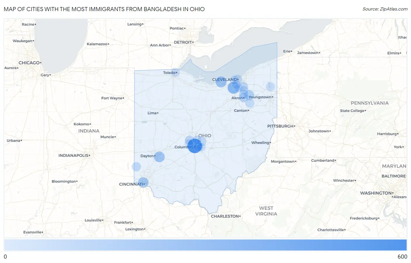 Cities with the Most Immigrants from Bangladesh in Ohio Map