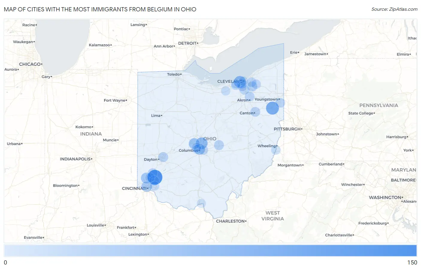 Cities with the Most Immigrants from Belgium in Ohio Map