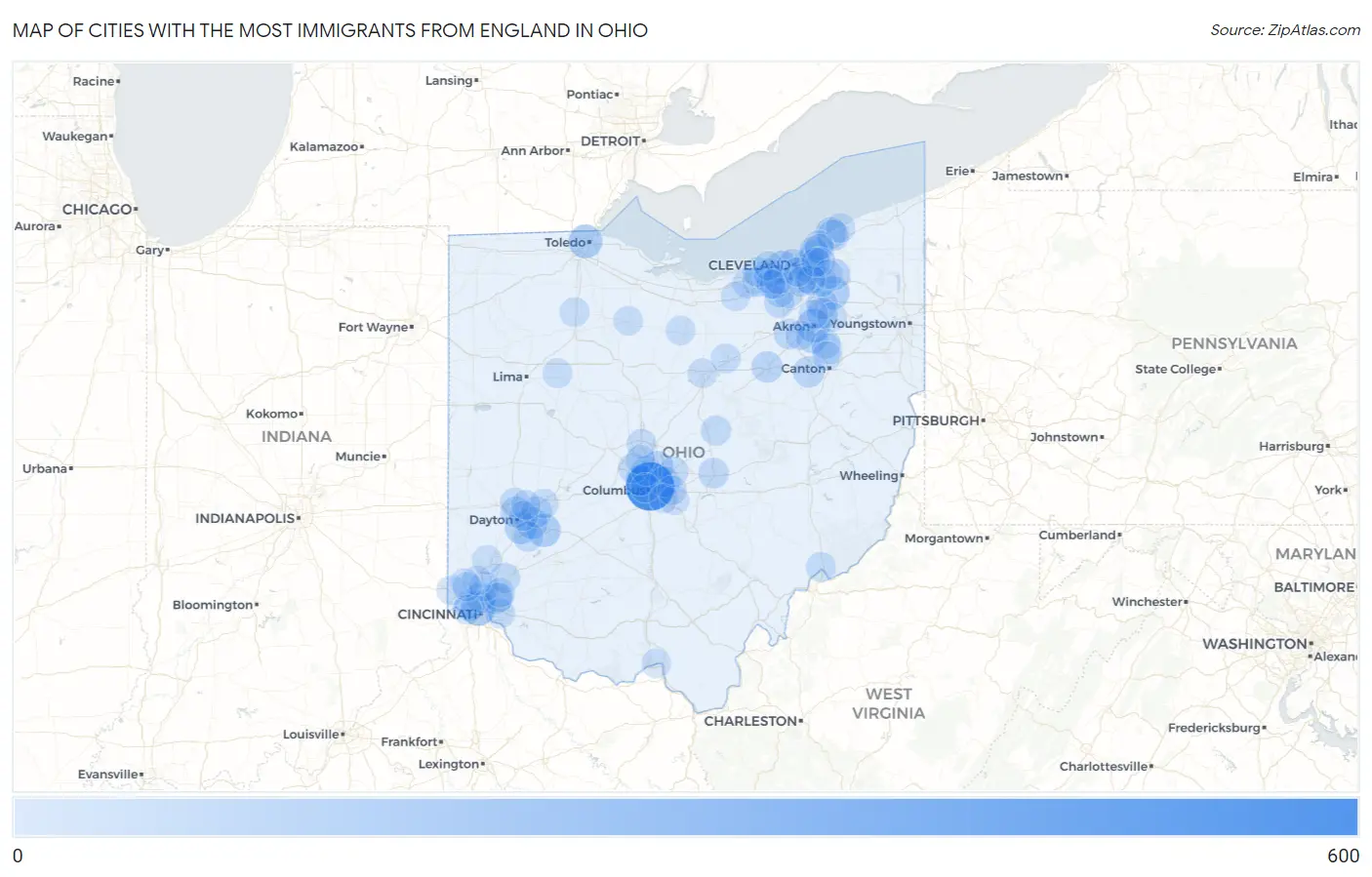 Cities with the Most Immigrants from England in Ohio Map